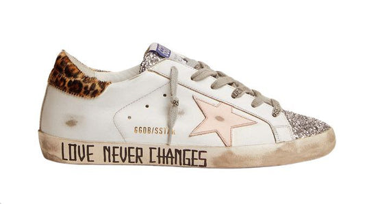 Golden Goose Super-star in silver glitter tongue and handwritten lettering on the foxing